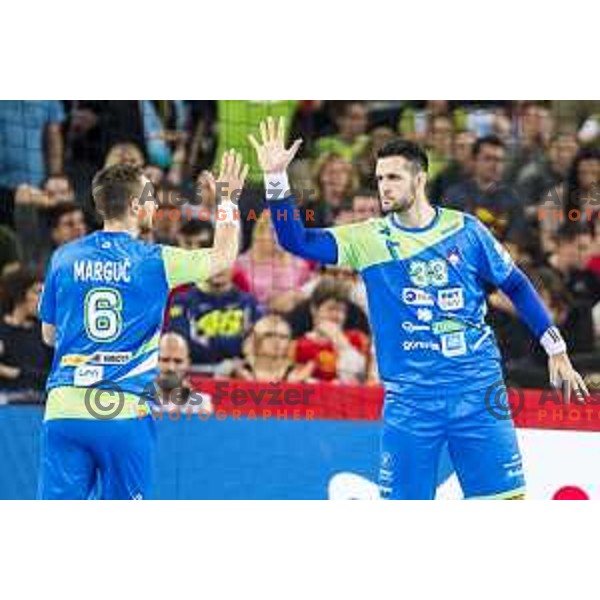 Slovenia’s Gasper Marguc (6) and Slovenia’s Igor Zabic (33) in action EHF European Championship match between Macedonia and Slovenia, in Arena Zagreb, Zagreb, on January 13, 2018 