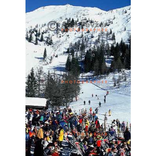 Krvavec ski resort in early spring when place called Plaza (the beach) is always full of skiers who enjoy sun and drink 