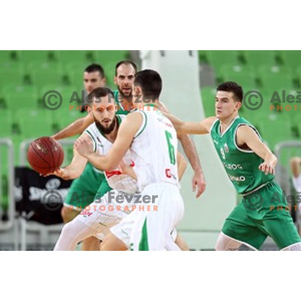 Bojan Radulovic and Nejc Baric in action during Nova KBM league basketball match between Petrol Olimpija and Zlatorog Lasko in Stozice, Ljubljana, Slovenia on January 15, 2018