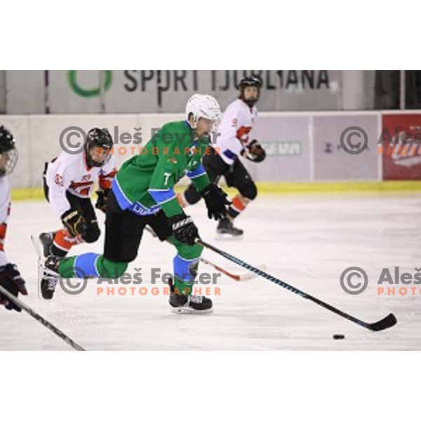 Luka Zorko in action during Slovenian National Championship Ice-hcokey match between SZ Olimpija and Maribor in Tivoli Hall, Ljubljana on January 17, 2018