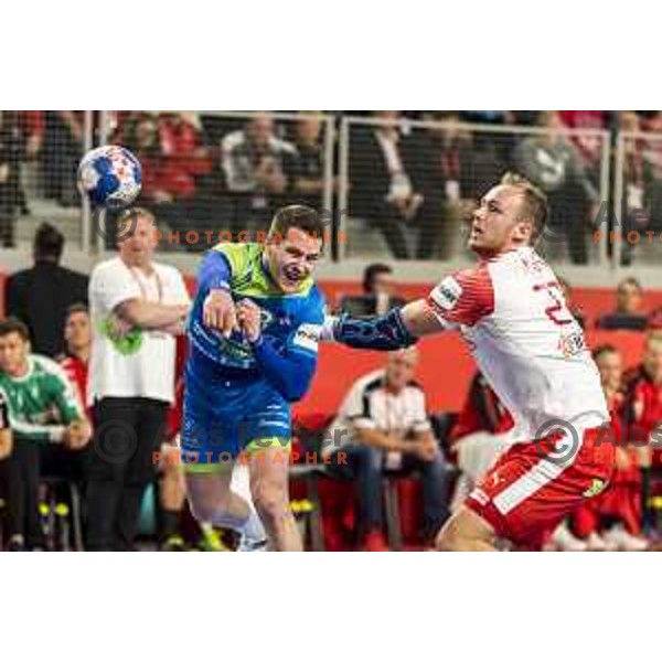 Slovenia’s Miha Zarabec (23) in action during EHF European Championship match between Slovenia and Denmark, in Arena Varazdin, Varazdin, on January 19, 2018