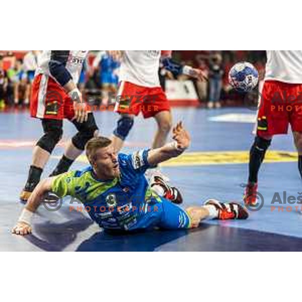 Slovenia’s Blaz Blagotinsek (3) in action during EHF European Championship match between Slovenia and Denmark, in Arena Varazdin, Varazdin, on January 19, 2018