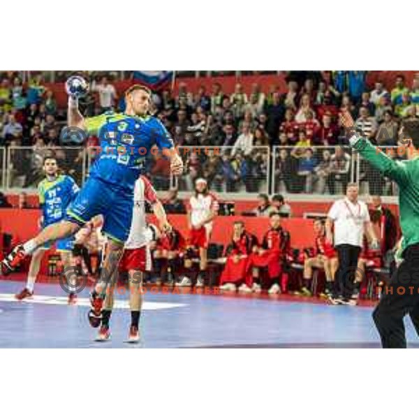 Slovenia’s Blaz Blagotinsek (3) in action during EHF European Championship match between Slovenia and Denmark, in Arena Varazdin, Varazdin, on January 19, 2018