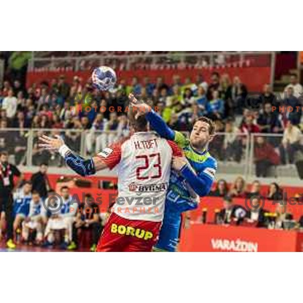 Slovenia’s Miha Zarabec (23) in action during EHF European Championship match between Slovenia and Denmark, in Arena Varazdin, Varazdin, on January 19, 2018