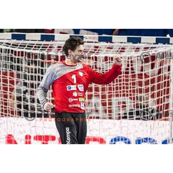Slovenia’s Matevz Skok (1) in action during EHF European Championship match between Slovenia and Denmark, in Arena Varazdin, Varazdin, on January 19, 2018