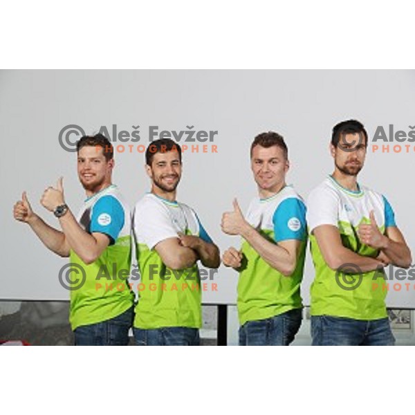 Luka Gracnar, Matija Pintaric, Andrej Hocevar, Gasper Kroselj of Slovenia Ice Hockey team for the Winter Olympic games Pyeongchang 2018 at OKS presentation for sponsors at Bled, Slovenia on April 13, 2017
