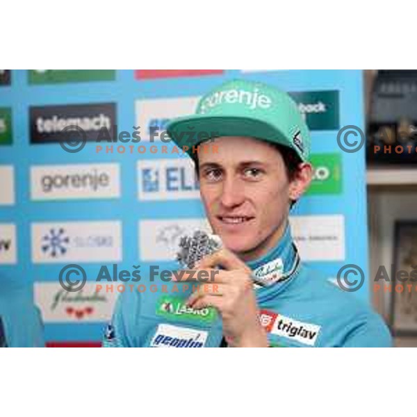 Peter Prevc of Slovenia Nordic Ski jumping team with silver World Ski flying Team Championship medal at press conference in Ljubljana on January 23, 2018
