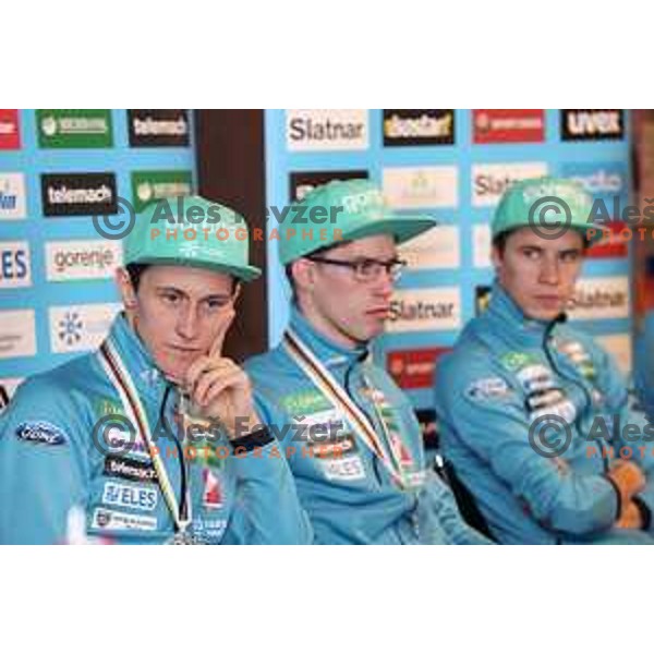 Peter Prevc of Slovenia Nordic Ski jumping team with silver World Ski flying Team Championship medal at press conference in Ljubljana on January 23, 2018