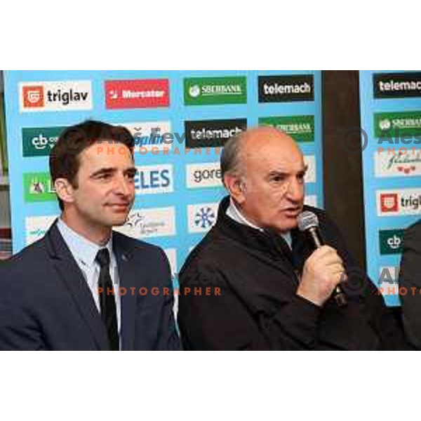 Franci Petek and Ljubo Jasnic of Slovenia Nordic Ski jumping team at press conference after World Ski flying Championship in Ljubljana on January 23, 2018