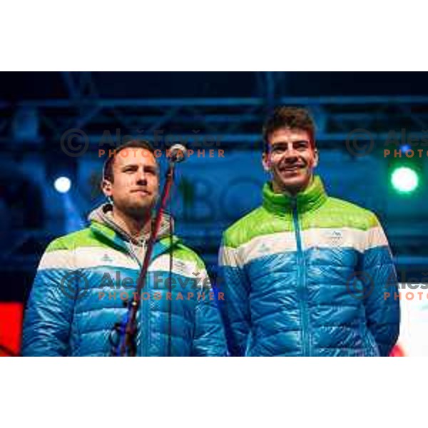 Mitja Robar and Miha Verlic at Reception of Olympic torch at Leon Stukelj\'s Square in Maribor on January 24, 2018