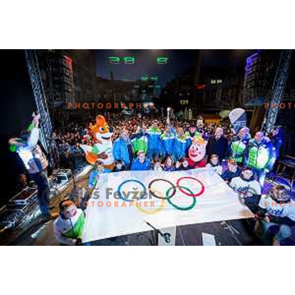 Mitja Robar, Katja Koren, Petra Robnik, Miha Verlic at Reception of Olympic torch at Leon Stukelj\'s Square in Maribor on January 24, 2018