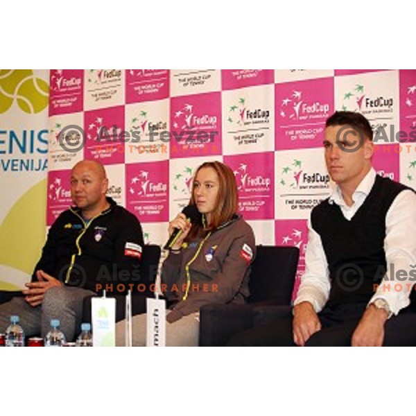 Head coach Andrej Krasevec, Kaja Juvan and Gregor Krusic of Slovenia tennis team during press conference in Ljubljana on January 25, 2108 before FED Cup tournament in Latvia