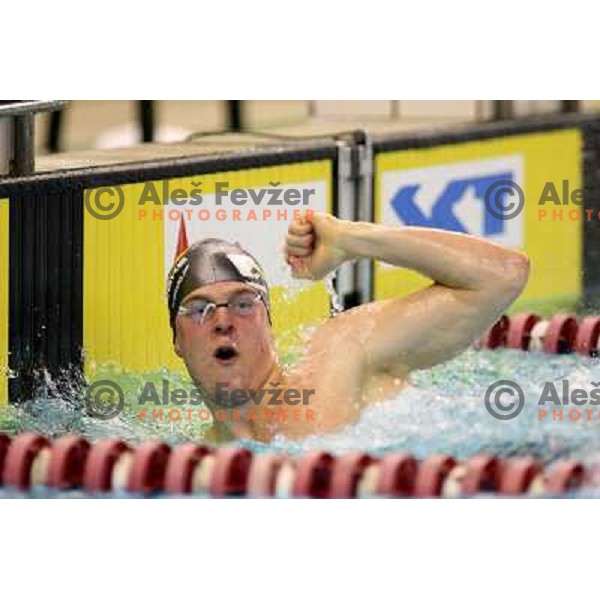 Deibler celebrates victory at swimming competition Ilirija Challenge in Ljubljana, Slovenia 19.12.2007. Photo by Ales Fevzer 