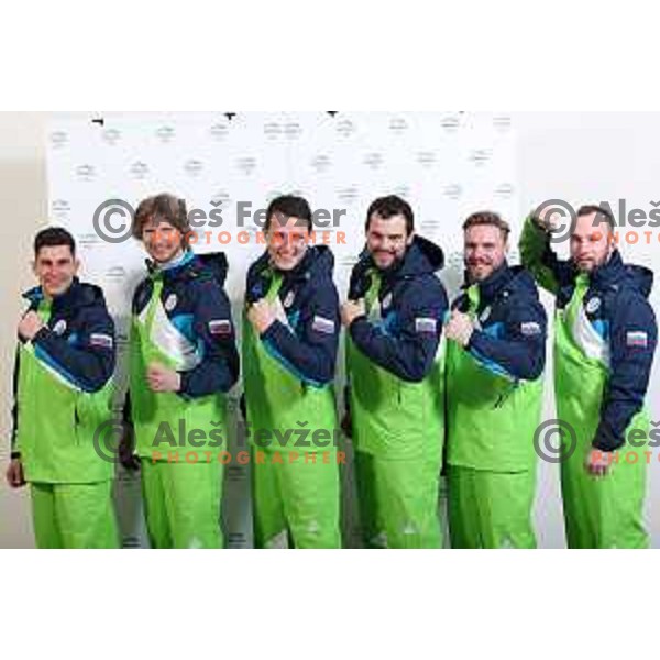 Zan Kranjec, Klemen Kosi, Stefan Hadalin, Bostjan Kline, Miha Hrobat and Martin Cater of Slovenia Olympic team for Winter Olympic Games PyeongChang 2018 at official photoshooting in Ljubljana on January 29, 2018