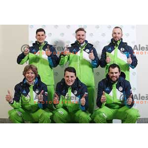 Zan Kranjec, Miha Hrobat, martin Cater (upper row) and Klemen Kosi, Stefan Hadalin, Bostjan Kline of Slovenia Olympic team for Winter Olympic Games PyeongChang 2018 at official photoshooting in Ljubljana on January 29, 2018