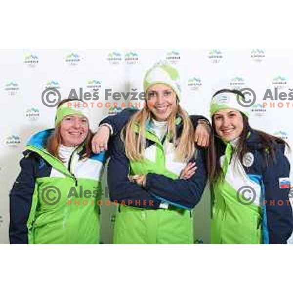 Marusa Ferk, Ana Bucik and Tina Robnik of Slovenia Olympic team for Winter Olympic Games PyeongChang 2018 at official photoshooting in Ljubljana on January 29, 2018