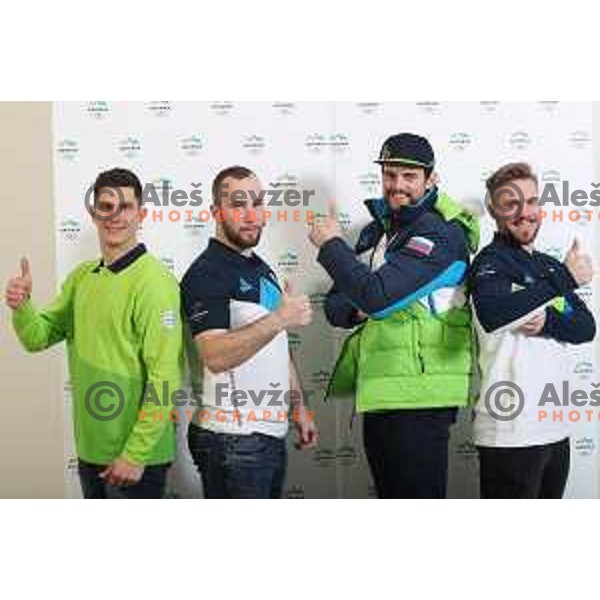 Zan Kranjec, Martin Cater, Bostjan Kline and Miha Hrobat of Slovenia Olympic team for Winter Olympic Games PyeongChang 2018 at official photoshooting in Ljubljana on January 29, 2018