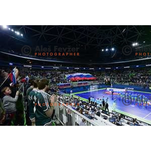 Fans of Slovenia in action during futsal match between Slovenia and Serbia at UEFA Futsal Euro 2018 in Stozice, Ljubljana on January 30, 2018