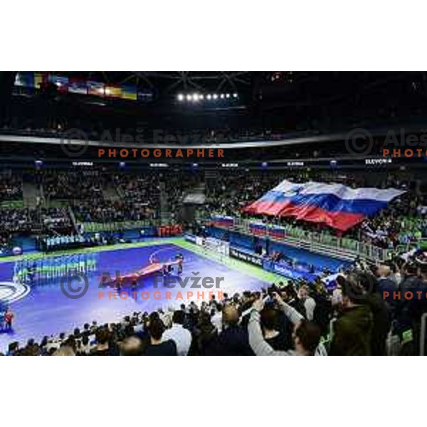 Fans of Slovenia in action during futsal match between Slovenia and Serbia at UEFA Futsal Euro 2018 in Stozice, Ljubljana on January 30, 2018