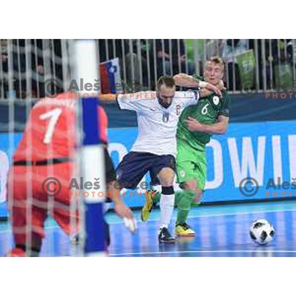 Denis Totoskovic of Slovenia in action during futsal match between Slovenia and Serbia at UEFA Futsal Euro 2018 in Stozice, Ljubljana on January 30, 2018