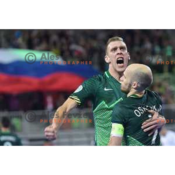 Alen Fetic and Igor Osredkar of Slovenia in action during futsal match between Slovenia and Serbia at UEFA Futsal Euro 2018 in Stozice, Ljubljana on January 30, 2018