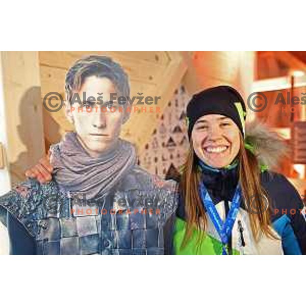 Nika Kriznar of Slovenia Olympic team hugs Peter Prevc\'s poster in Slovenia House at PyeongChang 2018 Winter Olympic Games, South Korea on February 7, 2018