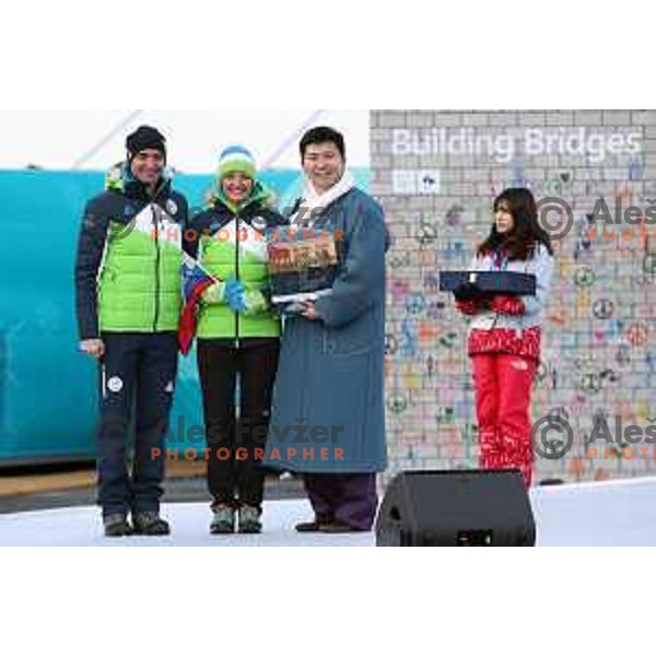 Franci Petek and Maja Makovec Brencic of Slovenia during Team Welcome Ceremony at Olympic Village Plaza during PyeongChang 2018 Winter Olympic Games, South Korea on February 7, 2018