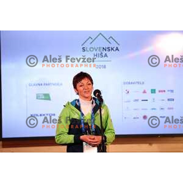 Maja Makovec Brencic speaks at Reception for journalists, radio and TV staff in Slovenia House during PyeongChang 2018 Winter Olympic Games, South Korea on February 9, 2018