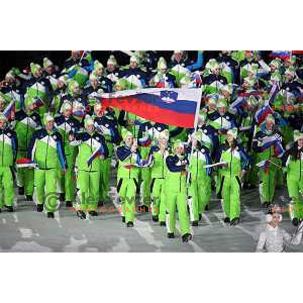 Cross country skier Vesna Fabjan, flag bearer of Team Slovenia at Opening Ceremony of PyeongChang 2018 Winter Olympic Games, South Korea on February 9, 2018
