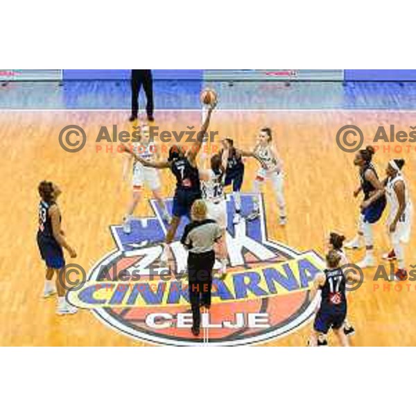 Sandrine Gruda of team France vs Tina Trebec of team Slovenia in action during Women’s EuroBasket 2019 Qualifiers basketball match between Slovenia and France, played in Arena Gimnazija Celje-Center, Celje, Slovenia on Februry 10, 2018