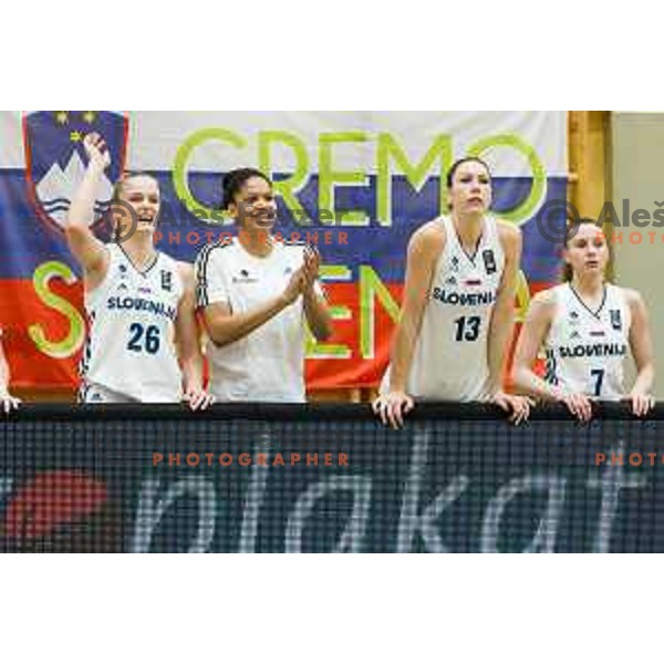 Larisa Ocvirk, Althea Gwashavanhu, Tina Trebec and Rebeka Abramovic of team Slovenia in action during Women’s EuroBasket 2019 Qualifiers basketball match between Slovenia and France, played in Arena Gimnazija Celje-Center, Celje, Slovenia on Februry 10, 2018