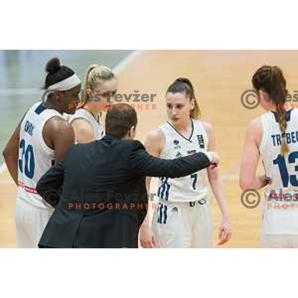 Shante Evans, Larisa Ocvirk and Rebeka Abramovic of team Slovenia in action during Women’s EuroBasket 2019 Qualifiers basketball match between Slovenia and France, played in Arena Gimnazija Celje-Center, Celje, Slovenia on February 10, 2018