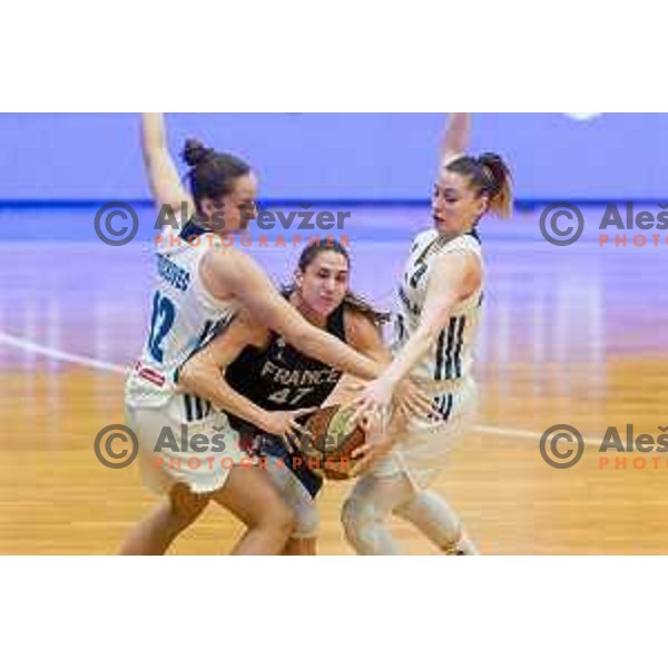 Zala Friskovec and Rebeka Abramovic of team Slovenia vs Romane Bernies of team France in action during Women’s EuroBasket 2019 Qualifiers basketball match between Slovenia and France, played in Arena Gimnazija Celje-Center, Celje, Slovenia on February 10, 2018