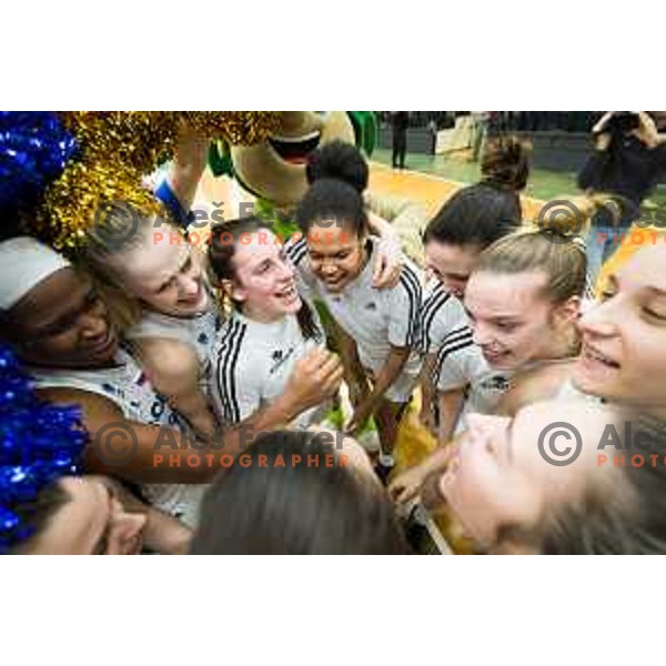 Shante Evans, Larisa Ocvirk, Althea Gwashavanhu, Tina Cvijanovic and other players of team Slovenia celebrating after winning the Women’s EuroBasket 2019 Qualifiers basketball match between Slovenia and France, played in Arena Gimnazija Celje-Center, Celje, Slovenia on February 10, 2018