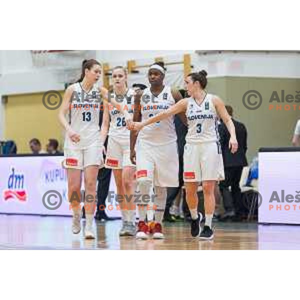 Tina Trebec, Larisa Ocvirk, Shante Evans and Teja Oblak of team Slovenia in action during Women’s EuroBasket 2019 Qualifiers basketball match between Slovenia and France, played in Arena Gimnazija Celje-Center, Celje, Slovenia on February 10, 2018