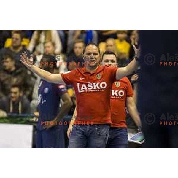 Celje’s head coach Branko Tamse in action during EHF Champions League match between Celje PL and PSG, in Arena Zlatorog, Celje, on February 11, 2018