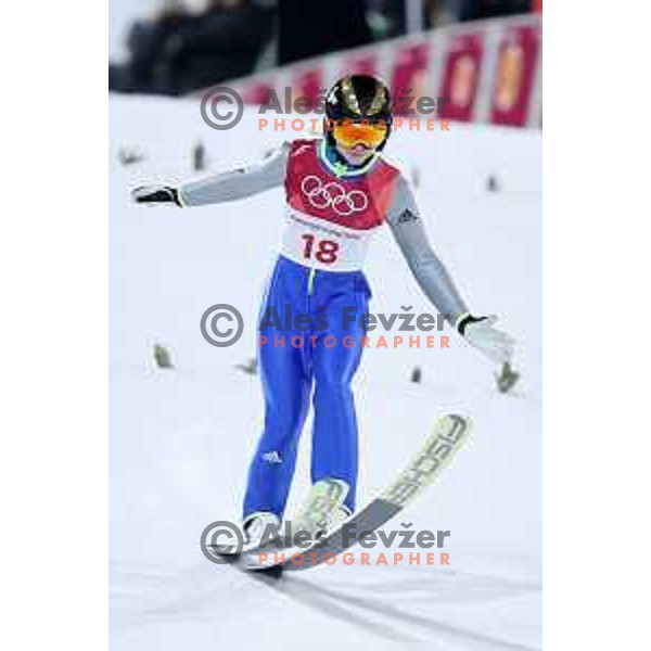 Spela Rogelj (SLO) at first round jump at Ski jumping Normal hill comptition during PyeongChang 2018 Winter Olympic Games, South Korea on February 12, 2018