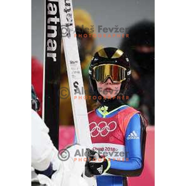 Ema Klinec (SLO) at first round jump at Ski jumping Normal hill comptition during PyeongChang 2018 Winter Olympic Games, South Korea on February 12, 2018