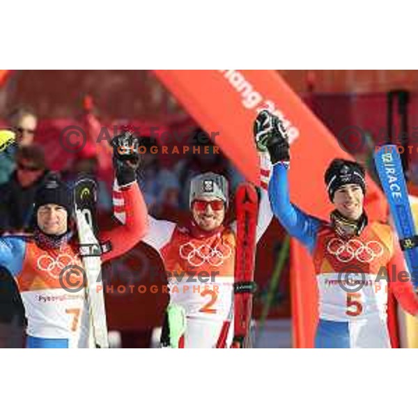 Alexis Pinturault (FRA), Marcel Hirscher (AUT), Olympic champion and Victor MUFFAT-JEANDET (FRA) in Alpine Combined at Jeongseon Alpine Centre during PyeongChang 2018 Winter Olympic Games, South Korea on February 13, 2018