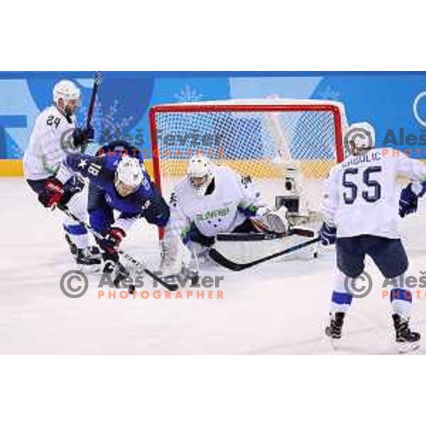  in action during Olympic Ice-hockey tournament match between USA and Slovenia during PyeongChang 2018 Winter Olympic Games, South Korea on February 14, 2018