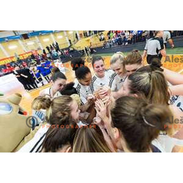 Althea Gwashavanhu, Larisa Ocvirk and other players of team Slovenia celebrating after Women’s EuroBasket 2019 Qualifiers basketball match between Slovenia and Romania, played in Arena Gimnazija Celje-Center, Celje, Slovenia on February 14, 2018