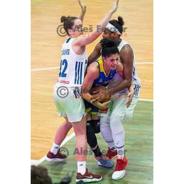 Annemarie Godri-Parau of team Romania vs Zala Friskovec and Shante Evans of team Slovenia in action during Women’s EuroBasket 2019 Qualifiers basketball match between Slovenia and Romania, played in Arena Gimnazija Celje-Center, Celje, Slovenia on February 14, 2018