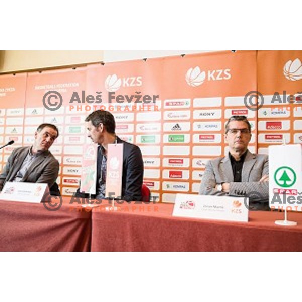 Simon Petrov, Rade Mijatovic, Jurica Golemac at the press conference before the Pokal Spar semi final and the second round of qualifications of the national team, Austria trend hotel, Ljubljana, Slovenia