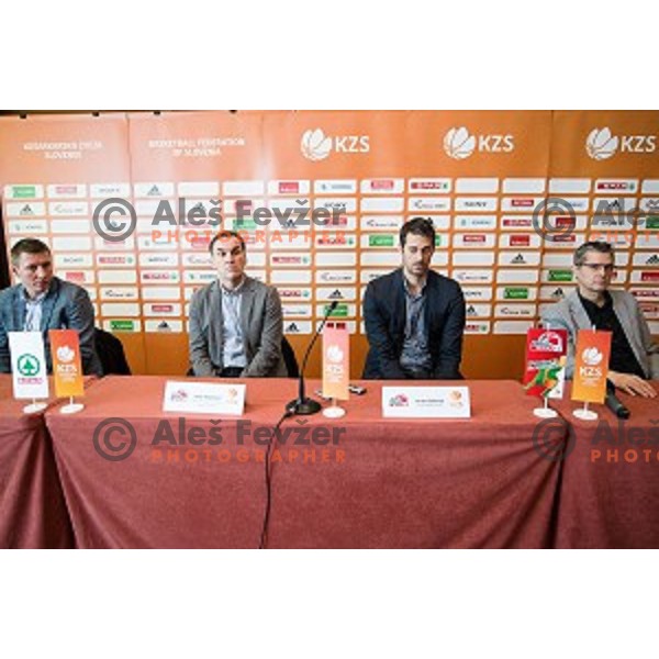 Simon Petrov, Rade Mijatovic, Jurica Golemac, Zoran Martic at the press conference before the Pokal Spar semi final and the second round of qualifications of the national team, Austria trend hotel, Ljubljana, Slovenia
