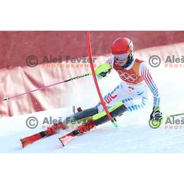 Mikaela Shiffrin (USA) skiing in the first run of Ladies slalom at Yongpyong Alpine Centre during PyeongChang 2018 Winter Olympic Games, South Korea on February 16, 2018