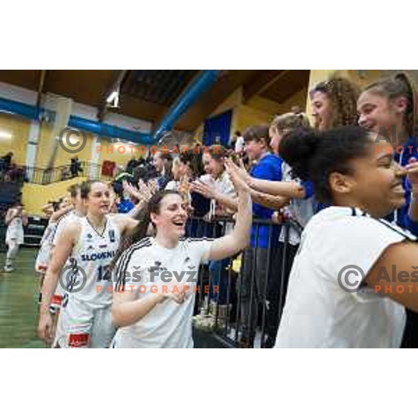 of team Slovenia celebrating after the Women’s EuroBasket 2019 Qualifiers basketball match between Slovenia and Romania, played in Arena Gimnazija Celje-Center, Celje, Slovenia on February 14, 2018