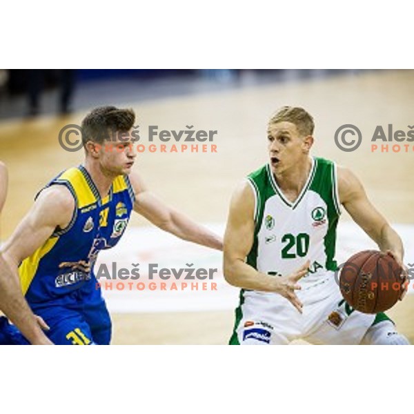 Jan Rebec, Maj Kovacevic in action during Pokal Spar semi final basketball match between Krka and Sencur, Tivoli, Ljubljana, Slovenia on February 16, 2018