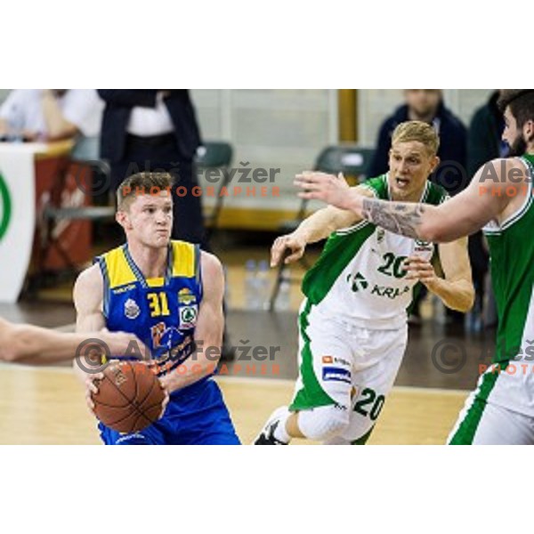 Jan Rebec, Maj Kovacevic in action during Pokal Spar semi final basketball match between Krka and Sencur, Tivoli, Ljubljana, Slovenia on February 16, 2018
