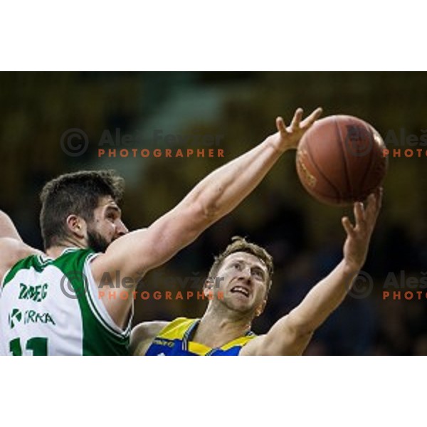 Ziga Dimec, Ramo Rizvic in action during Pokal Spar semi final basketball match between Krka and Sencur, Tivoli, Ljubljana, Slovenia on February 16, 2018