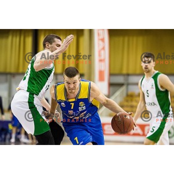 Dino Muric in action during Pokal Spar semi final basketball match between Krka and Sencur, Tivoli, Ljubljana, Slovenia on February 16, 2018